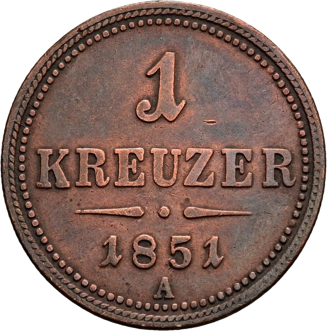 1 Kreuzer Franz Joseph I. 1848-1916 1851 A, Wien – Vorderseite