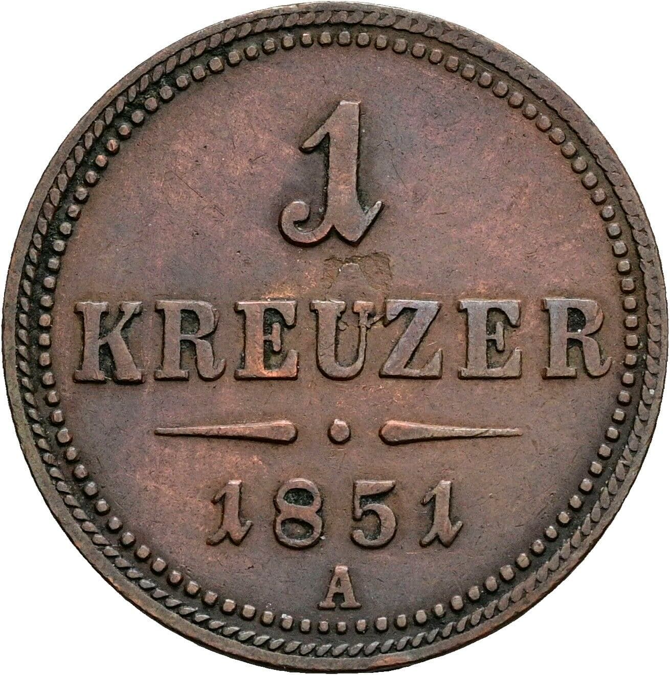 1 Kreuzer Franz Joseph I. 1848-1916 1851 A, Wien – Vorderseite
