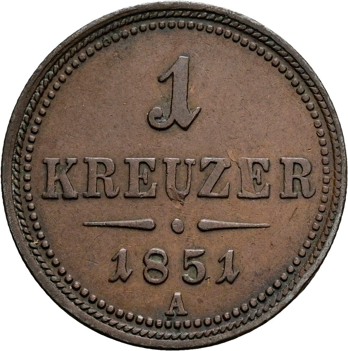 1 Kreuzer Franz Joseph I. 1848-1916 1851 A, Wien – Vorderseite