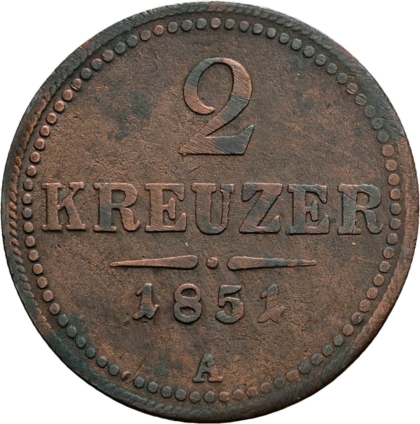 2 Kreuzer Franz Joseph I. 1848-1916 1851 A, Wien – Vorderseite