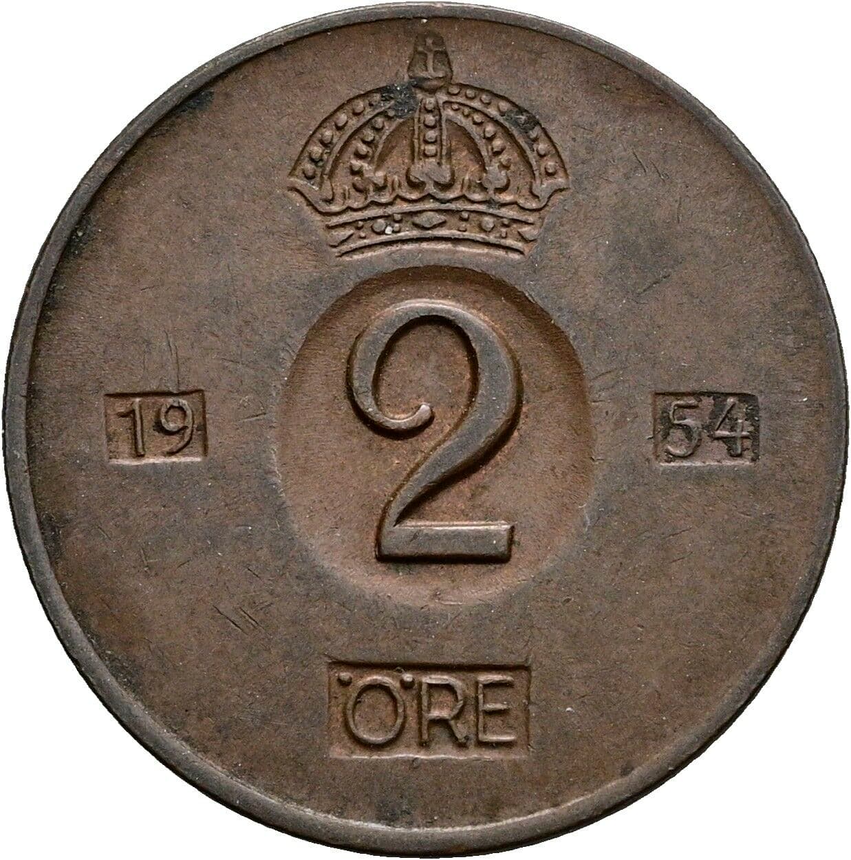 2 Öre Gustav VI. Adolf (1950-1973) 1954 – Vorderseite