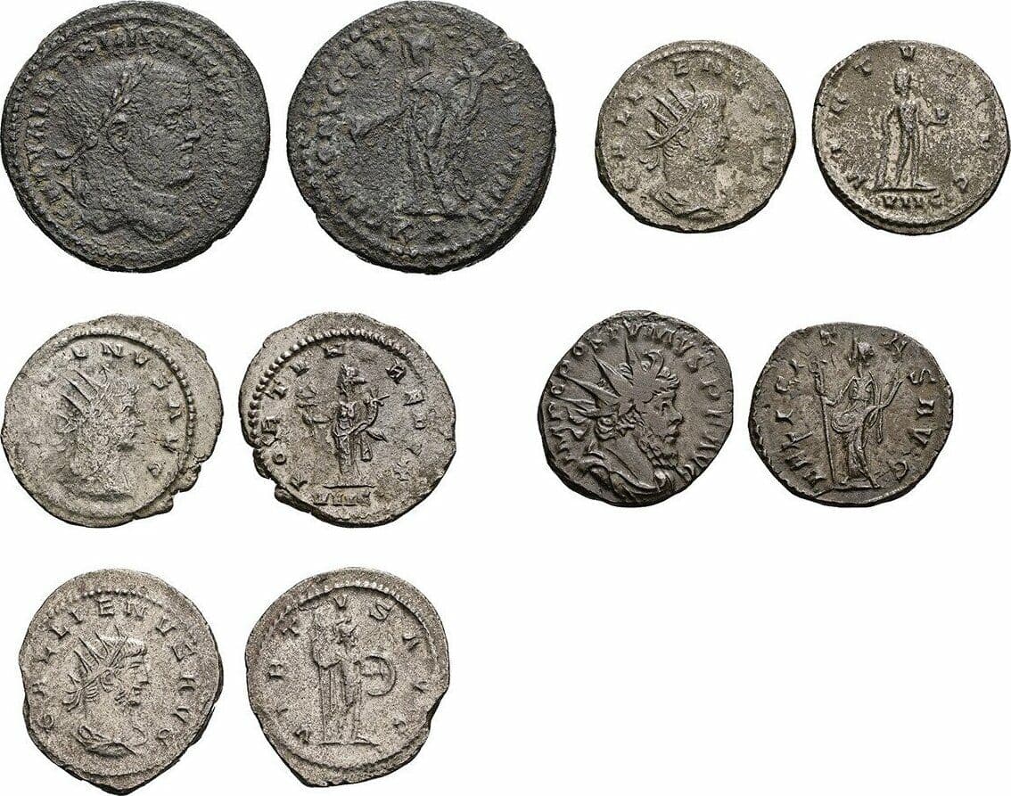 Antoniniane, Folles Lot mit 5 Stück Gallienus, Maximianus, Postumus – Vorderseite