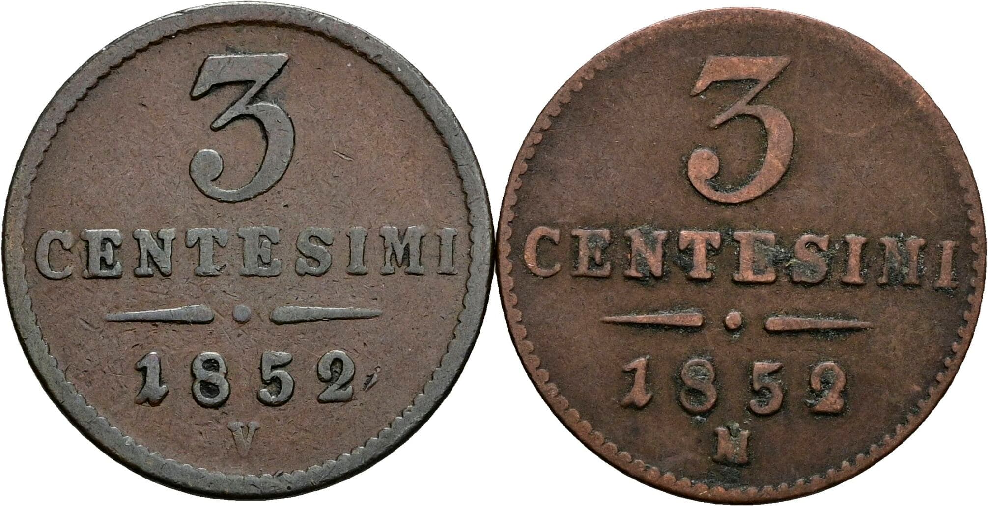 Lot 2 Stück 3 Centesimi Franz Joseph I. 1848-1916 1852 M, V – Vorderseite