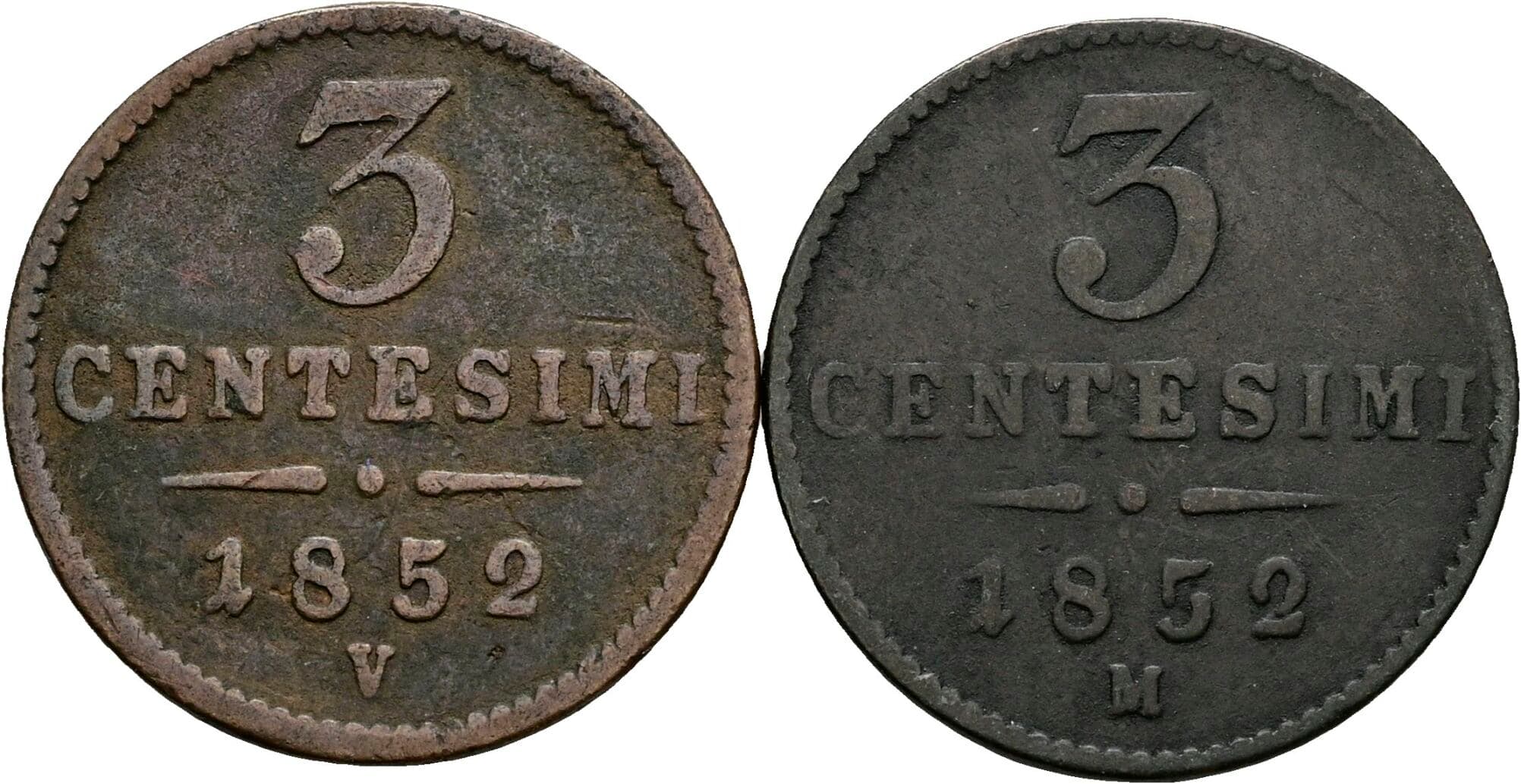 Lot 2 Stück 3 Centesimi Franz Joseph I. 1848-1916 1852 M, V – Vorderseite