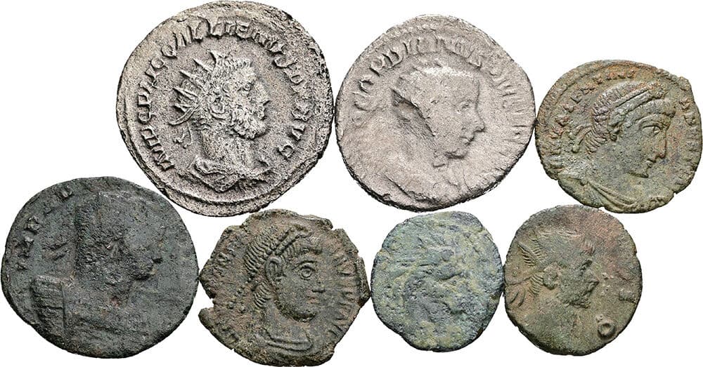 2x Antoniniane+5 x Bronzemünzen – Vorderseite