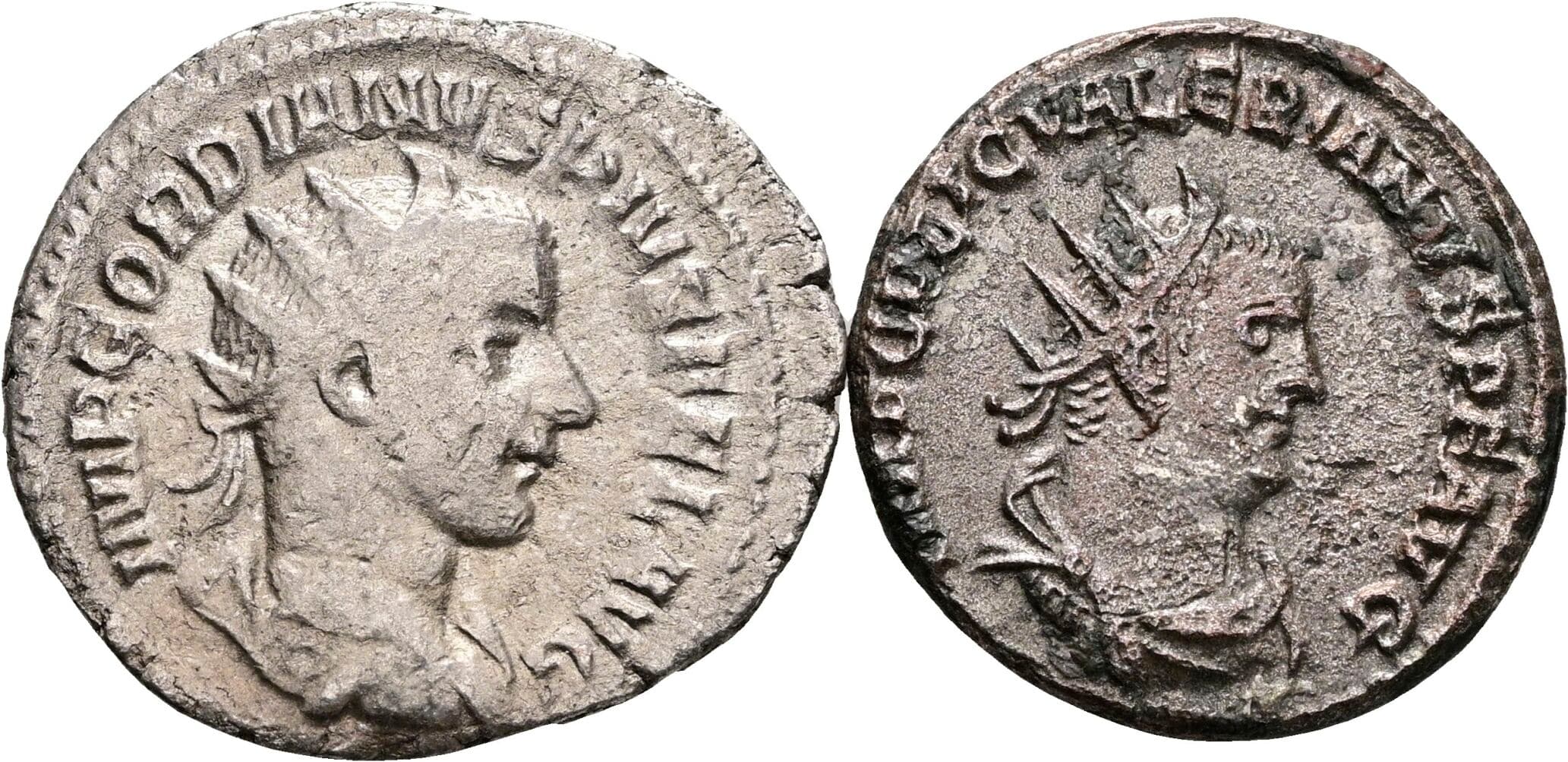 2x Antoniniane Gordianus III. Pius 238-244, Valerianus I. 253-260 – Vorderseite