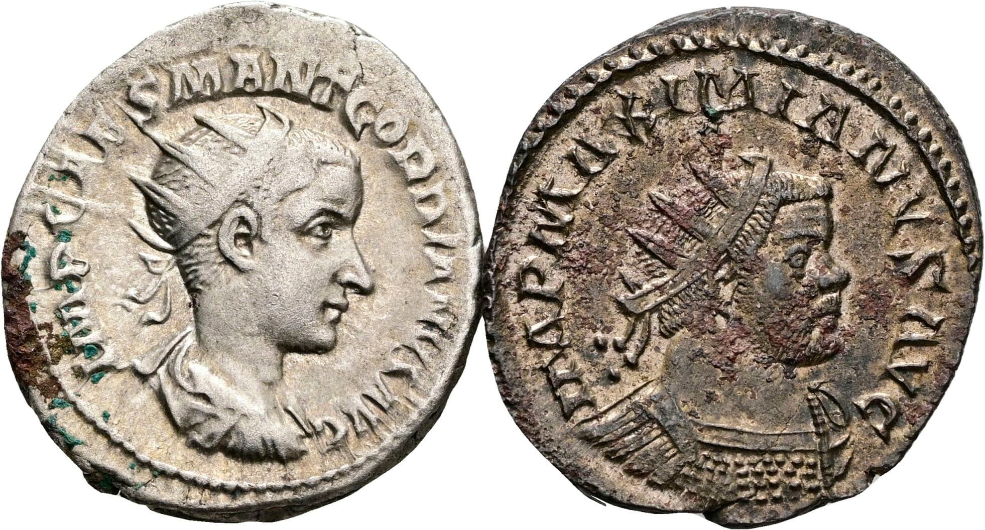 Lot 2 Stück Antoniniane Gordianus III. Pius 238-240, Maximianus 286-310 – Vorderseite