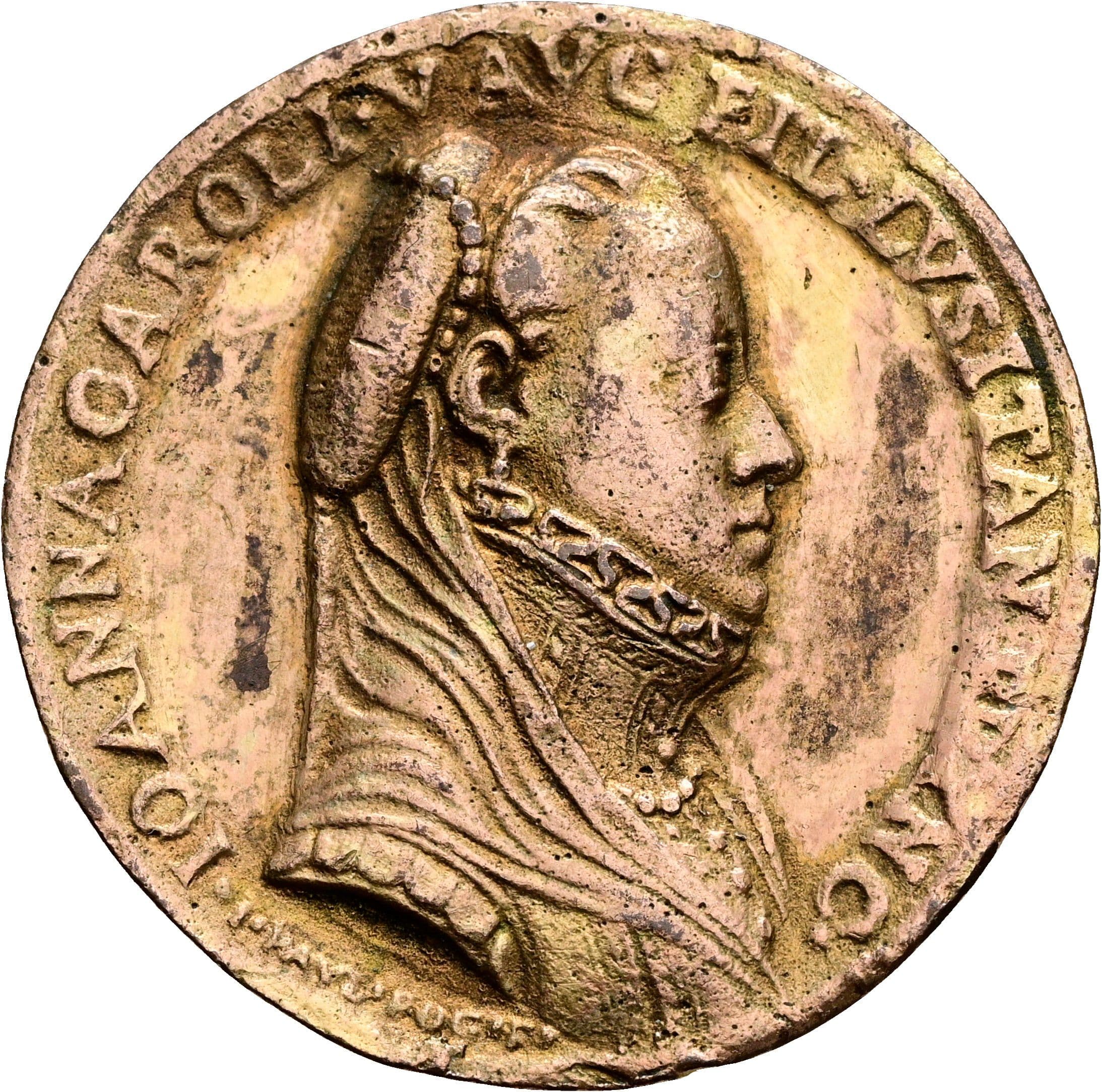 alte vergoldete Gussmedaille Johanna von Österreich, Tochter Karls V. 1535-1573 – Vorderseite